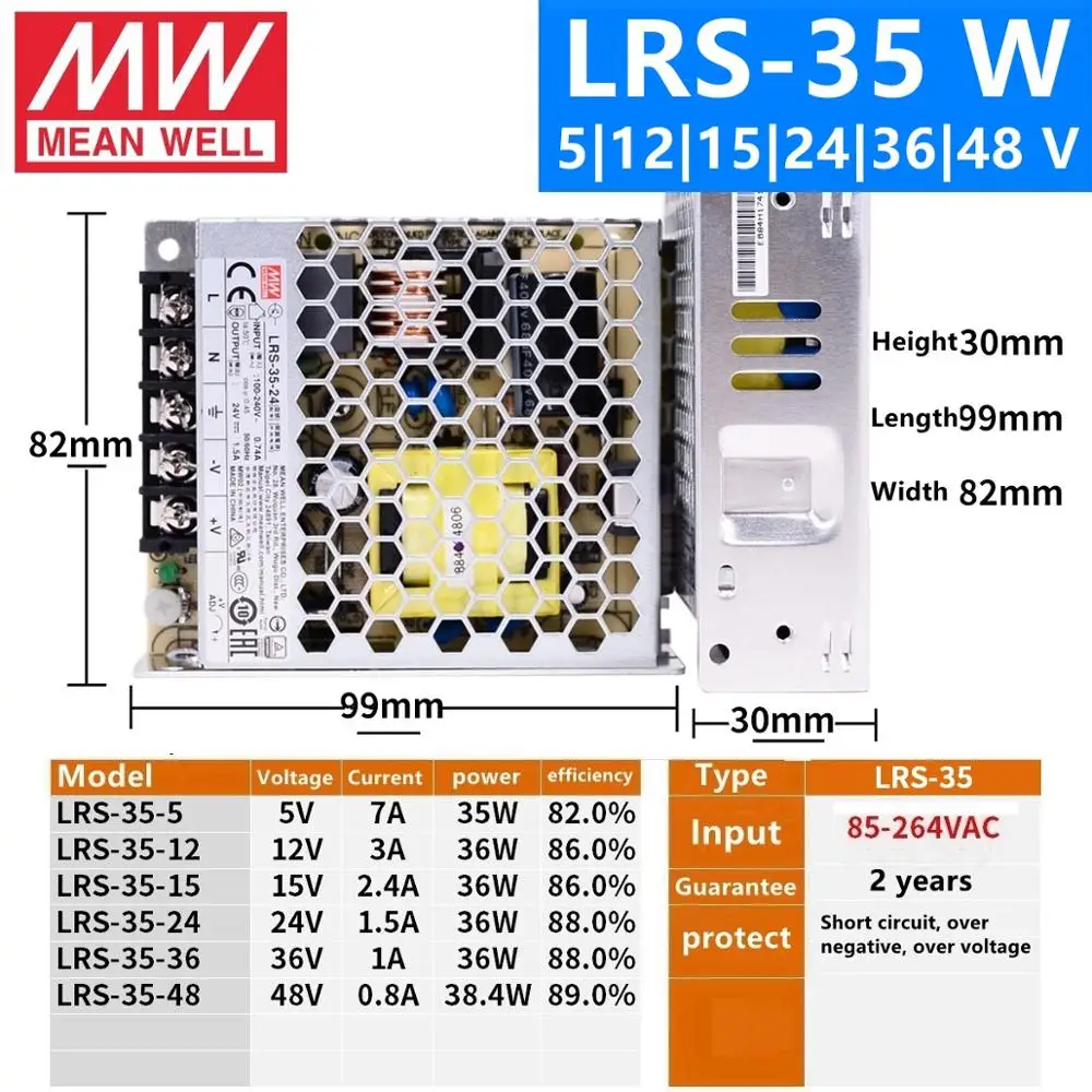 Бренд MEAN WELL представляет LRS-35 50 75 100 W 3,3 V 5V 12V 15V 24V 36V 48 V meanwell LRS-100 3,3 до 5 лет, 12 предметов в упаковке 15 24 36 48 V 100 W импульсный источник Питание