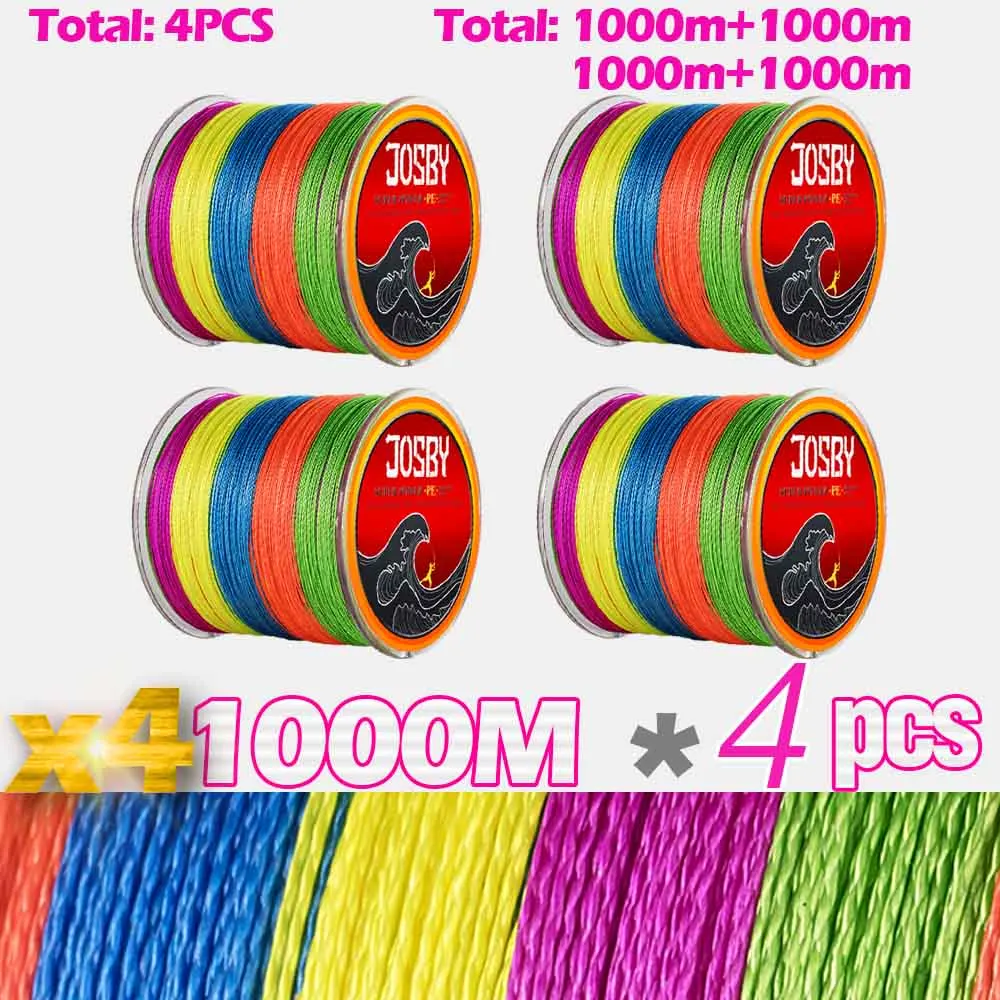 X4-1000M-multic-4psc JOSBY, 12 шт., 300 м, 500 м1000м, плетеная леска, многофиламентная, PE, 4 и 8 нитей, рыболовный шнур, 12 лб-80 фунтов, мощная Японская Технология - Цвет: X4-1000M-multic-4psc