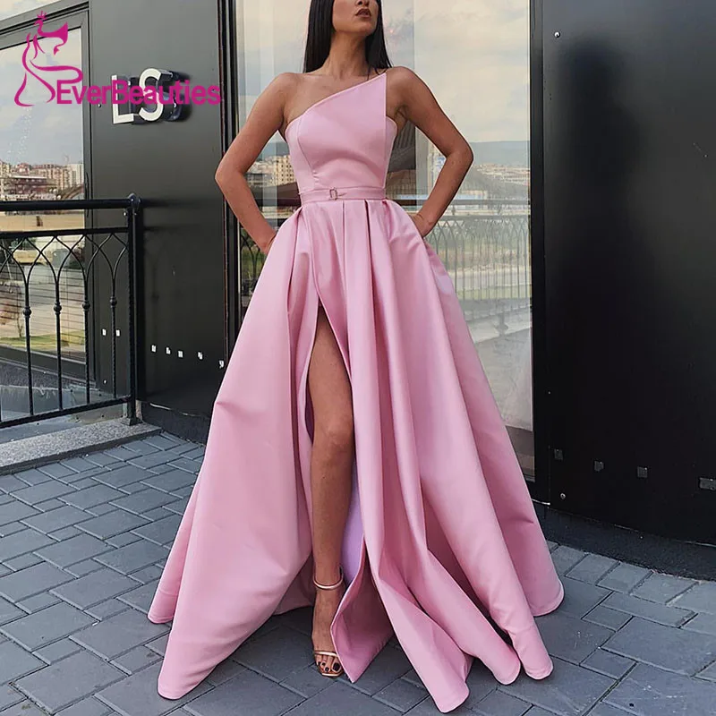 

Pink Evening Dress Long 2019 Robe De Soiree with Pockets Satin Abiye Gece Elbisesi Side Slit Sleeveless Formal Dresses