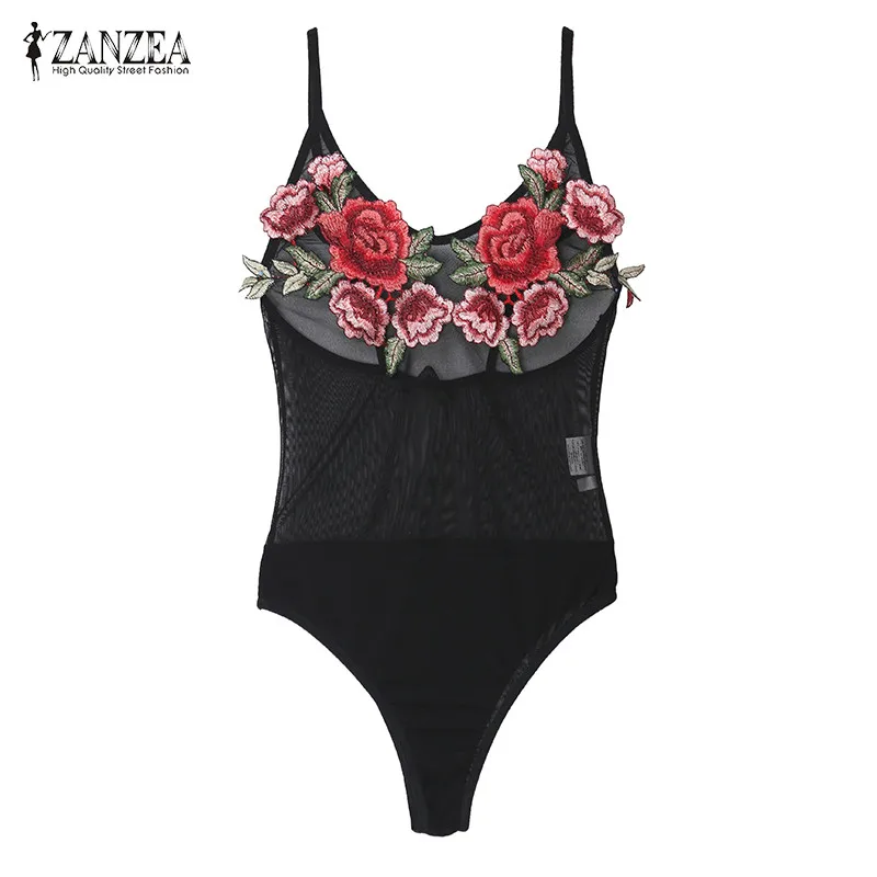

ZANZEA 2019 Sexy Rompers Women Vintage Floral Embroidery Bodysuits Backless Mesh See Through Overalls Plus Size S-5XL