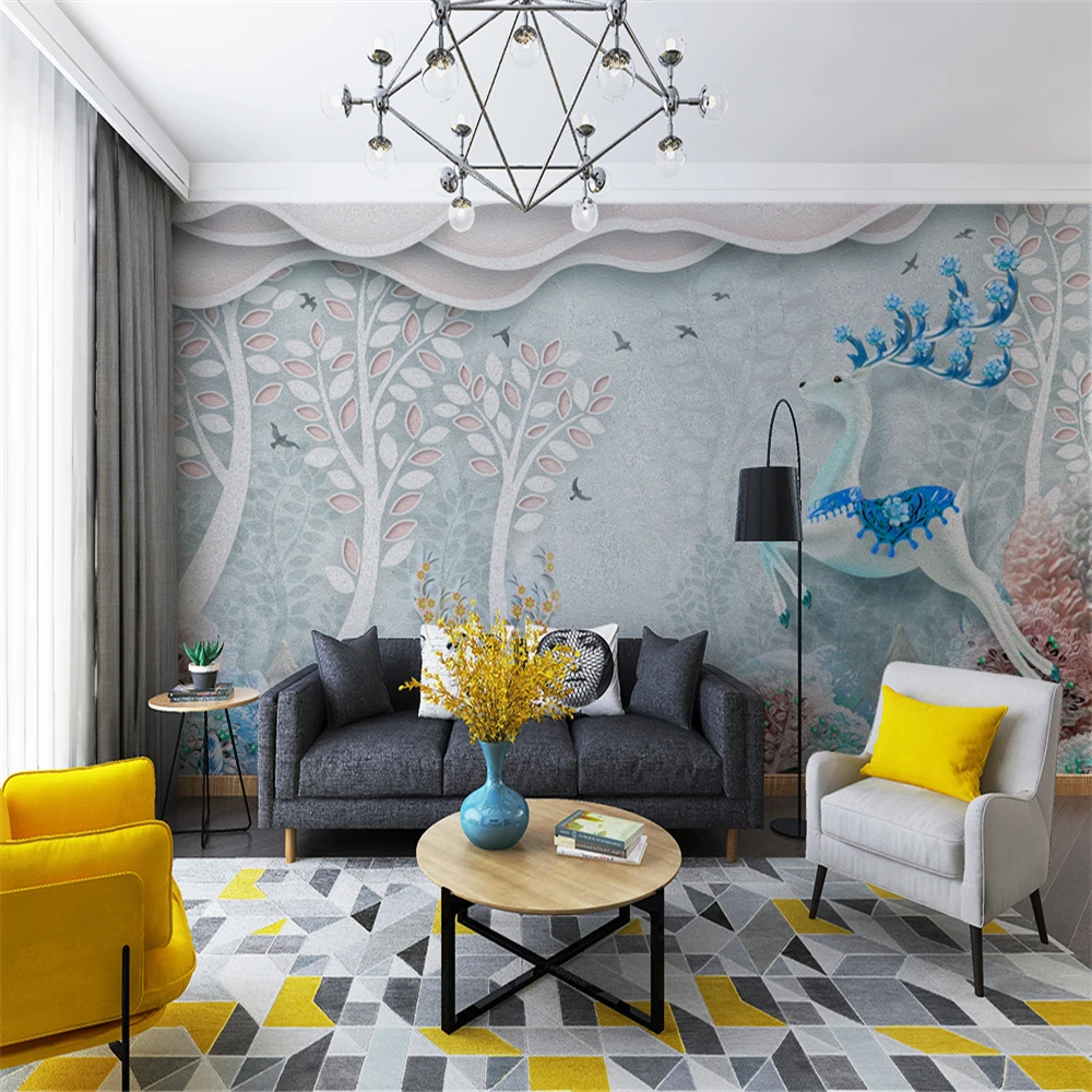 Custom 3d wallpaper modern 3D Nordic embossed forest flying bird elk deer TV background wall - silk waterproof material Custom 3d wallpaper modern 3D Nordic embossed forest flying bird elk deer TV background wall - silk waterproof material
