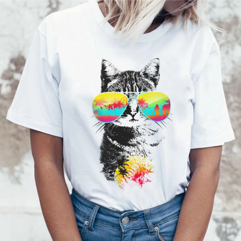 Kawaii Cat забавная футболка с рисунком из мультфильма Женская Harajuku Ullzang Милая футболка 90s модная футболка в Корейском стиле милый топ с принтом женская футболка - Цвет: 3374