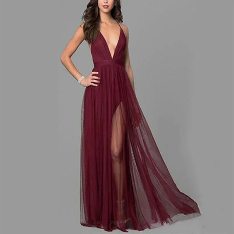 

2019 Summer New Women's Red Wine Sewing Perspective Yarn Loose Sequins Deep V-Neck Women's Mesh Dress