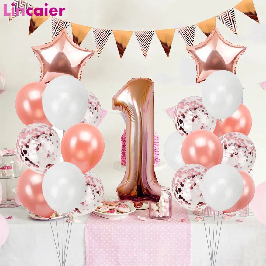 Розовые и золотые воздушные шары на первый день рождения для маленьких мальчиков и девочек вечерние украшения мой 1 год 1 день рождения баннер поставки
