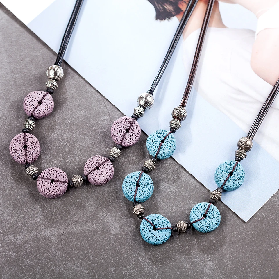 New Trendy Jewelry kolye Collier Necklaces& Pendants Women Purple Nature Lava Stone Beads Necklace Colar Chocke Christmas Gift