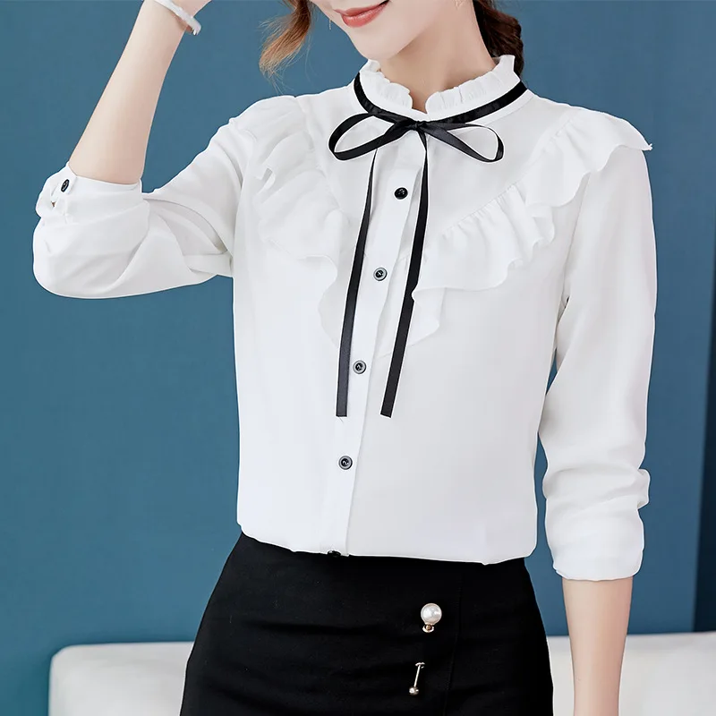 Spring Autumn 2019 Women White Shirt Long Sleeve Shirts Korean Ruffles Women Streetwear Slim Chiffon Blouse Elegant Ladies Tops silk blouses Blouses & Shirts