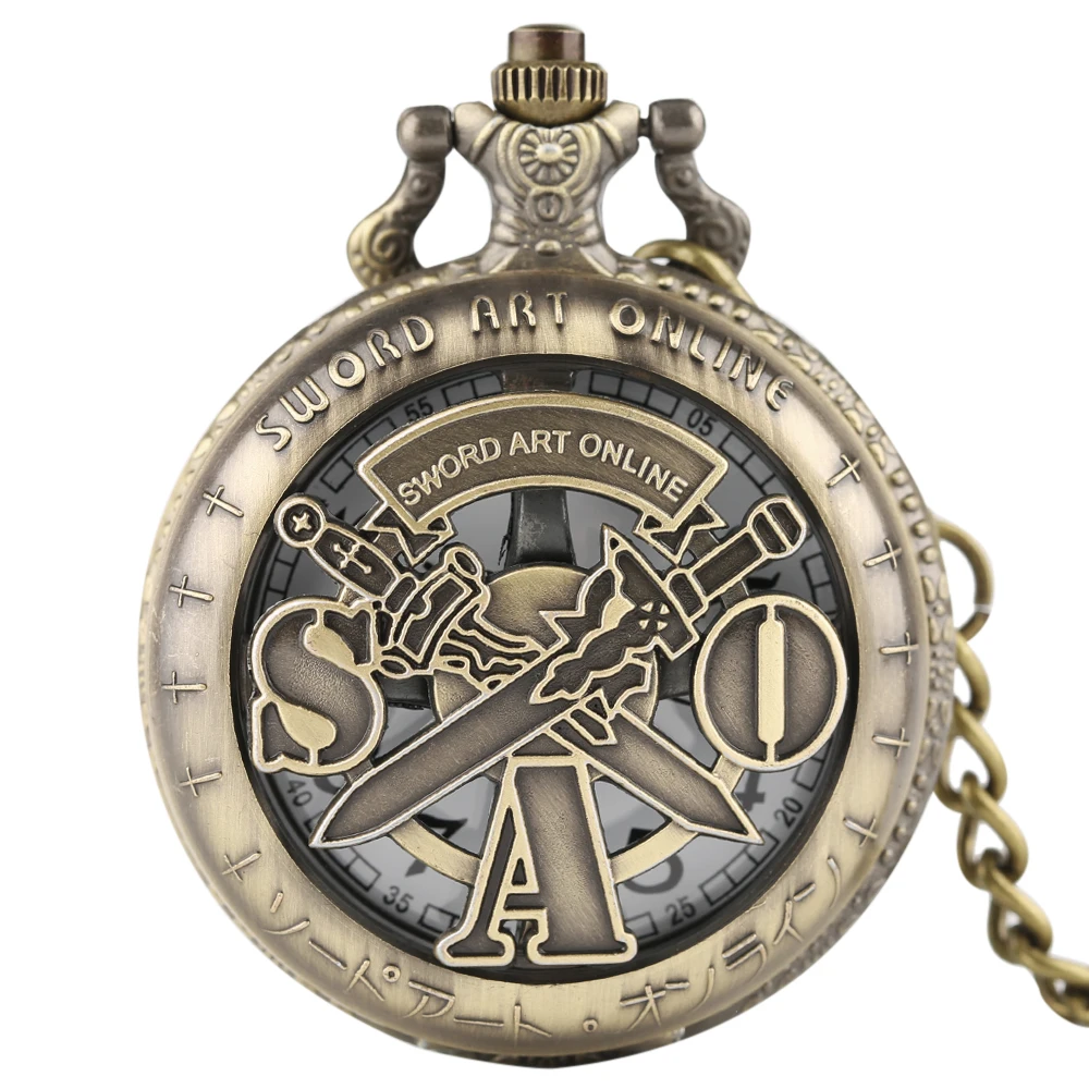 Vintage SAO Sword Art Online Quartz Pocket Watch Necklace Pendant for Kids Men Women Analog Chain Gifts Bronze Fob Clock relogio 2018 (1)