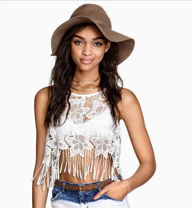 2017 Fashion Sexy Lace Tassel Hollow Out Tank Top Womens White Cropped 