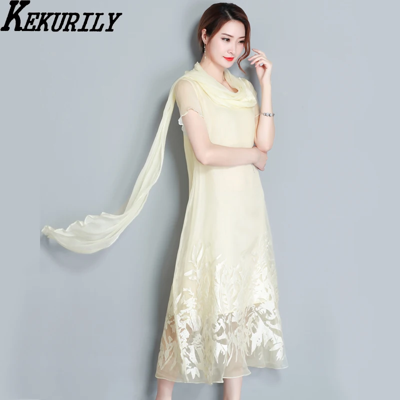 Vintage Organza Size Women Silk Embroidery Natural 2018 Dresses Clothes Floral Robe Summer Style Dress Apricot Chinese Party Plus Long OwgwZxR