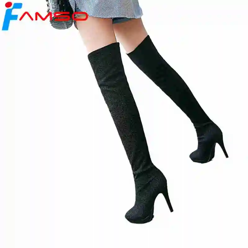 

FAMSO 2018 New Arrival Women Boots Big Size 34-43 Pointed Toe High thin heels Motorcycle Boots Winter Thigh High Snow Boots