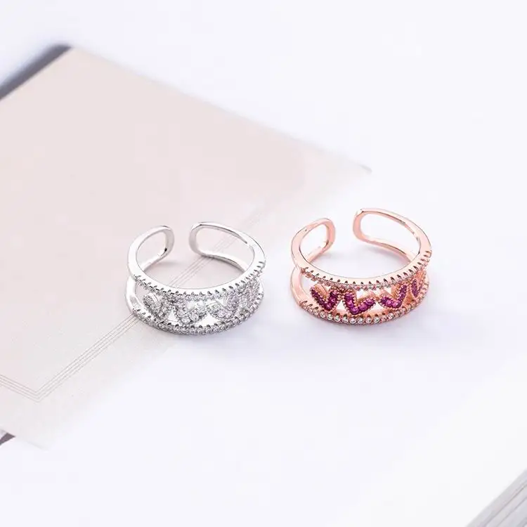 Микро проложить цирконовое сердце кольцо двухслойные корейский стиль модные ювелирные изделия Регулируемые кольца для женщин Bijoux нежный