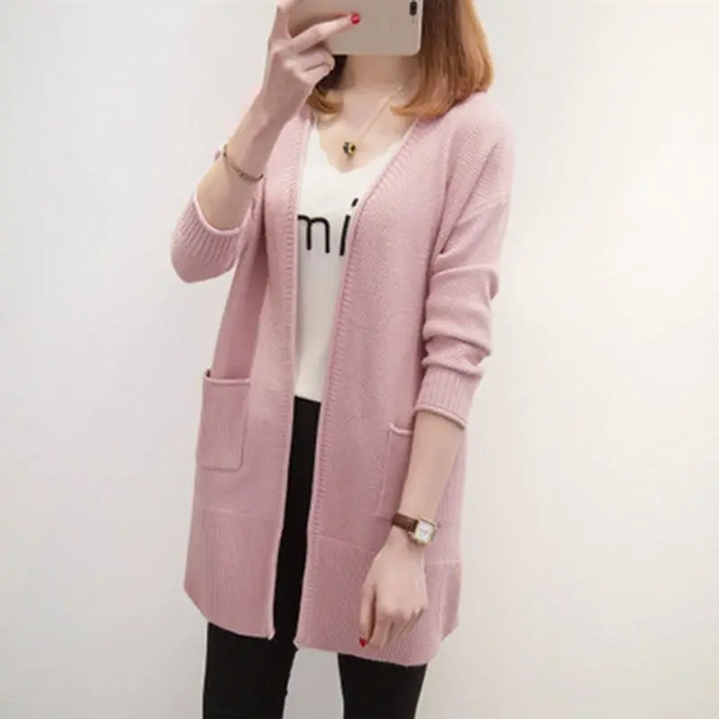 Женский Демисезонный с длинным рукавом вязаный свитер Кардиган корейский стиль Для женщин v-образным вырезом карман Дизайн свободный свитер пальто F668 - Цвет: Розовый