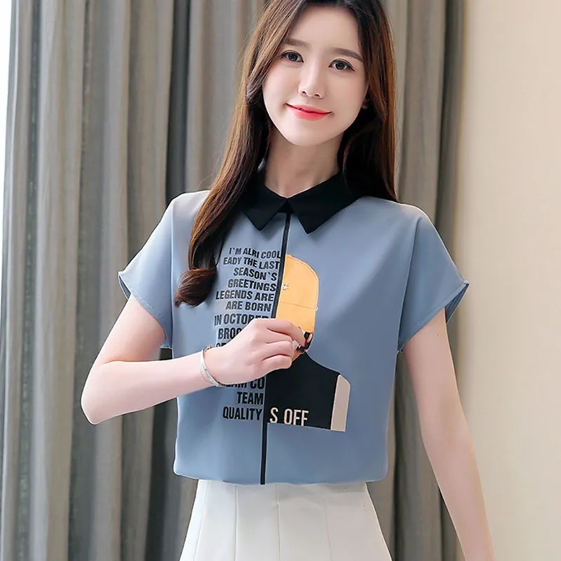 

Blouse Women Tops Peter Pan Collar Short Sleeve Letter Print Pullover Chiffon Blouse Korean Style Elegant Office Lady