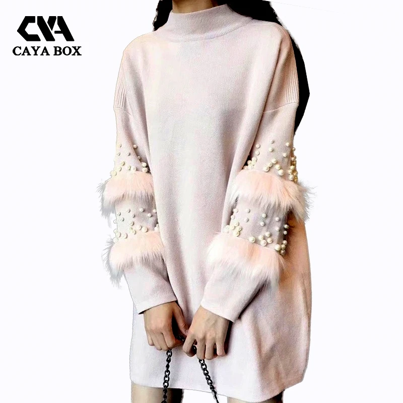 

2018 Autumn Pearl Beads Fur jumper Knitted Dress Loose Pink Long Sleeve Women Sweater Patchwork Vestdios Women Clothings