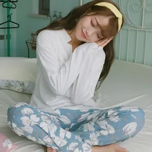 Весенне-осенние женские хлопковые пижамы с цветочным принтом и длинными рукавами, теплые женские пижамы, домашняя одежда