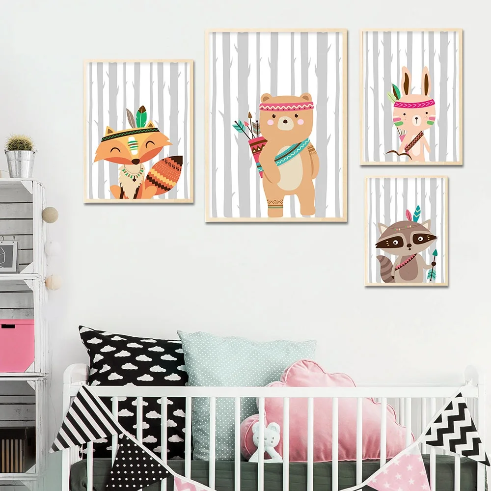 Племени Лесной камуфляж в виде медведя из мультфильма лисы Wall Art Холст Nordic плакат