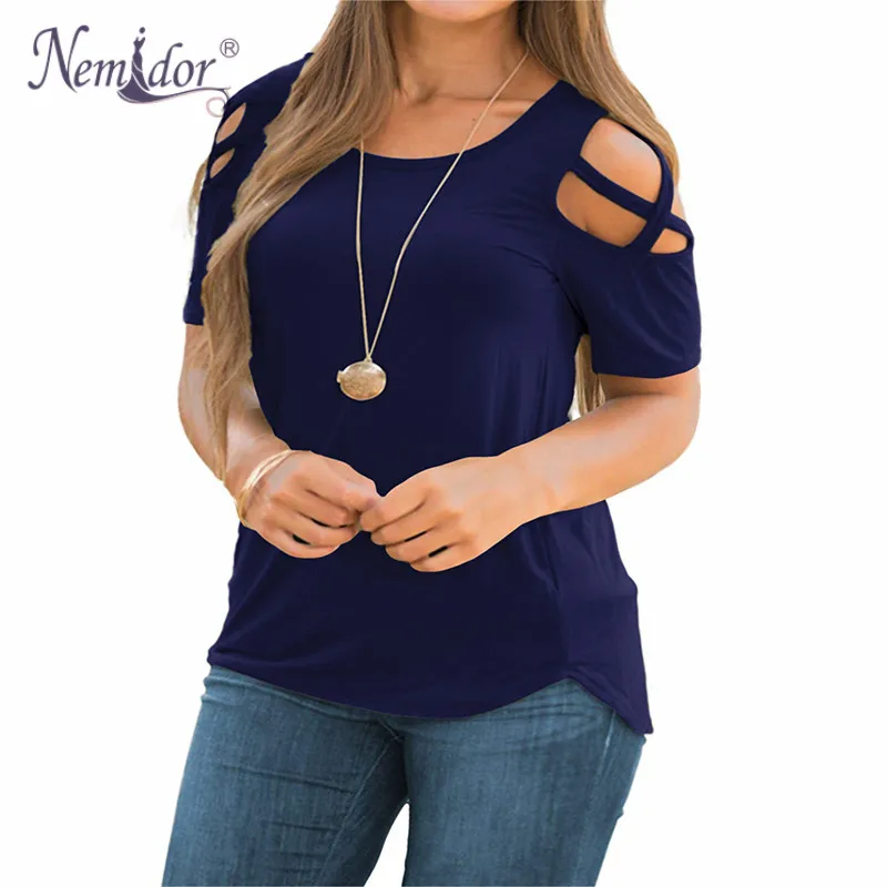 

Nemidor Women Casual Strappy Cold Shoulder Tees T-Shirt Solid Short Sleeve Summer Plus Size Tops