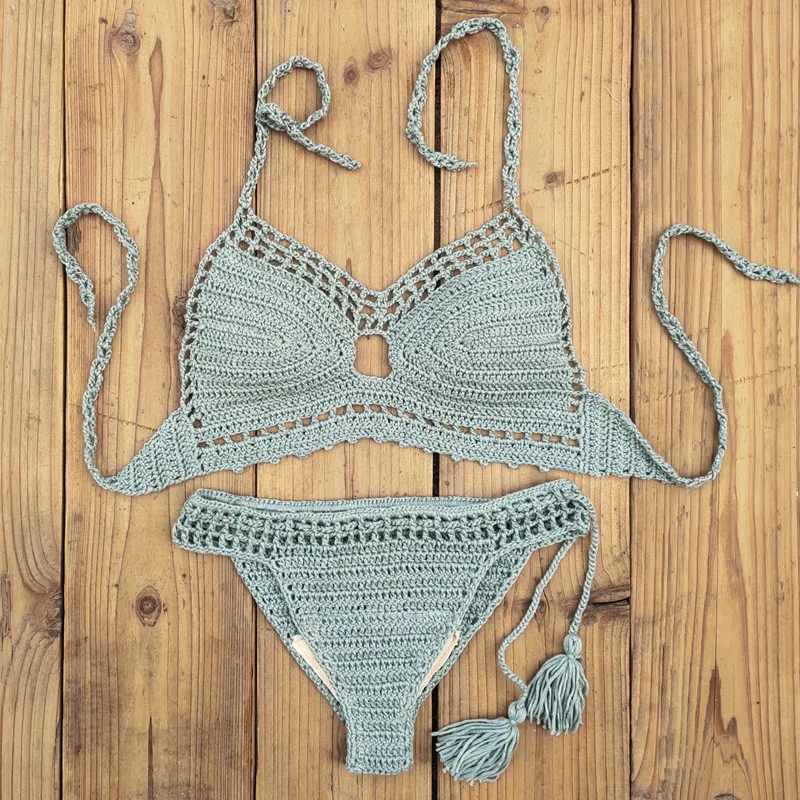

10 Color Sexy Womens Bikini Halter Crop Top Bikini Set Crochet Cami Summer Fashion Swimwear Hollow Out Bra