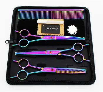 

7inch Round Safety Tip Straight Cutting Thinning Scissors with Comb Case Pet Grooming Shear Clipper Dog Hair Cut Tool