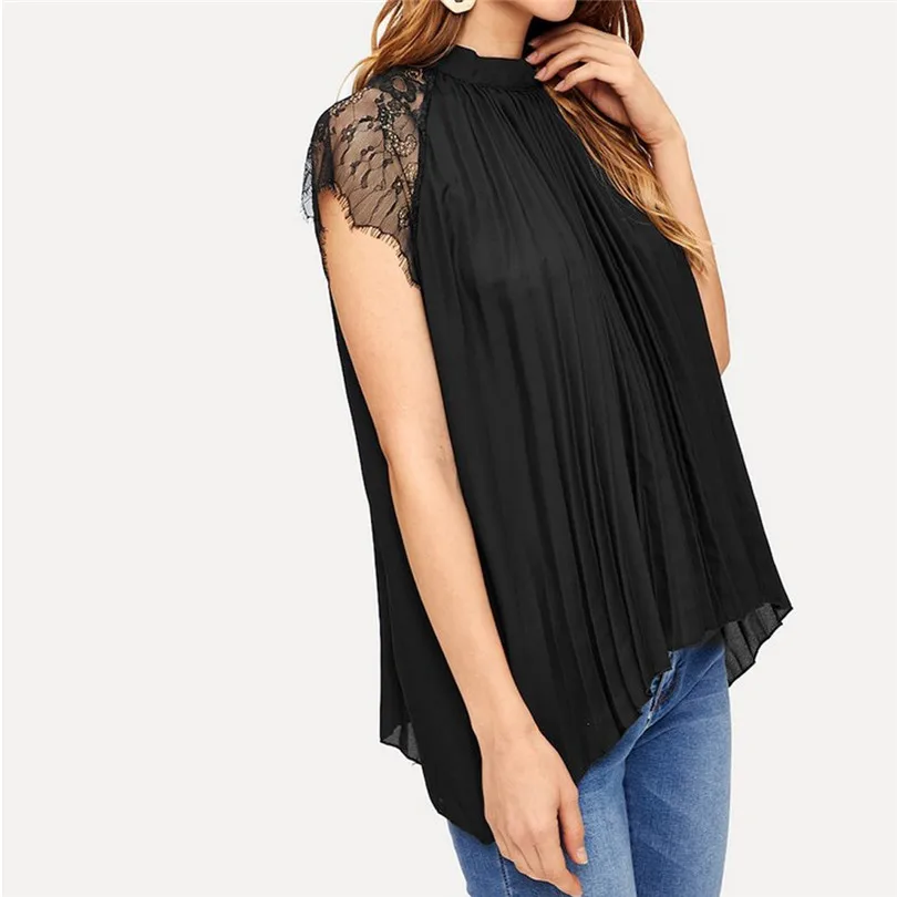 Women Clothes Summer O-Neck Lace stitching pleated loose chiffon Shirt Top Daily Fashion Casual Ladies Tops #4M19 (5)