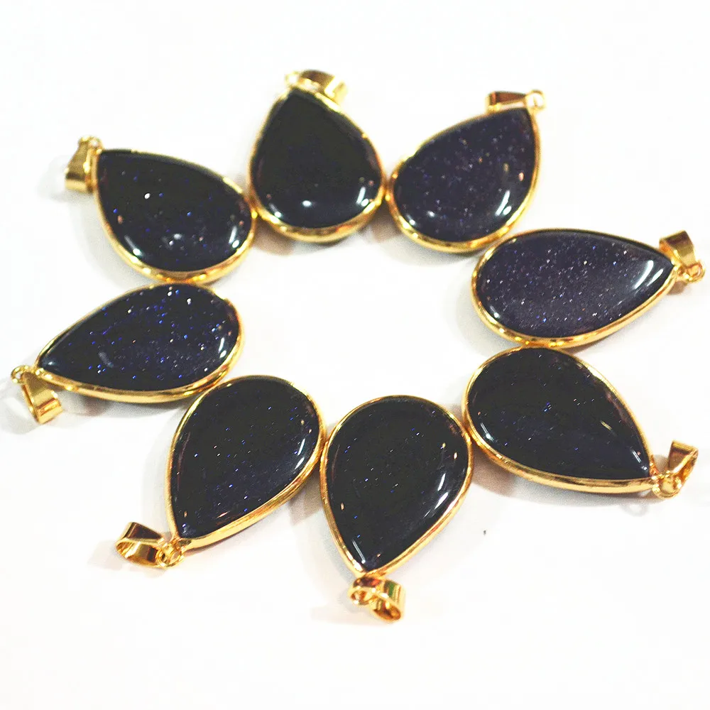 Natural Stone Blue Sand Water Drop Pendants Charms Gold Edging For Necklace Jewelry Making 10PCS