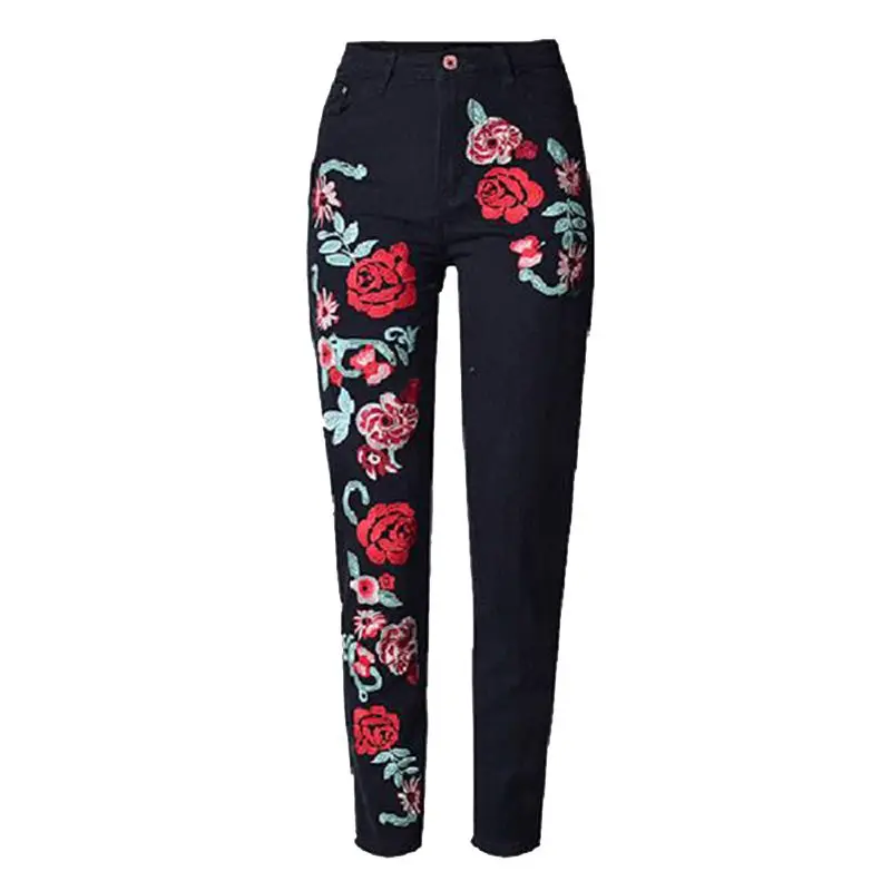 Модные женские 3D красочные сексуальные розы Вышивка Высокая талия элегантные джинсы женские свободные Деним прямые потертые джинсы