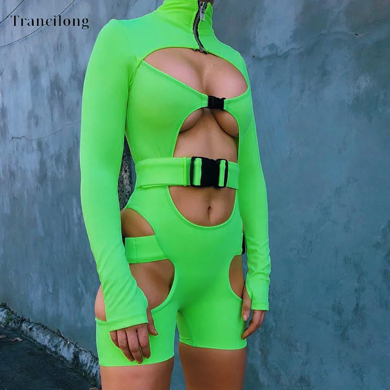 

Trancilong Summer Crazy Cut Buckle Openwork Jumpsuit Sexy Stretch Long-sleeved Zipper Tight Short Jumpsuit Wholesale