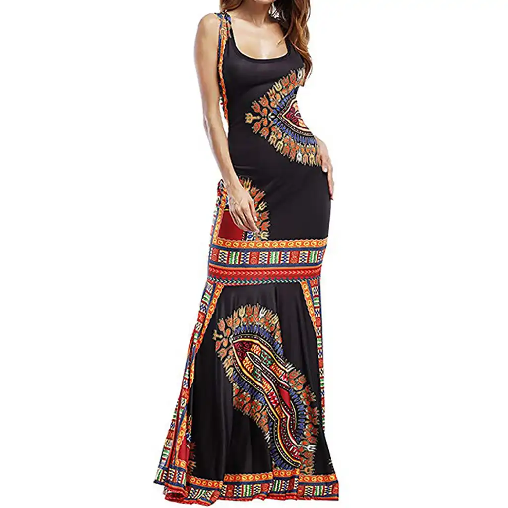 Claystyle Women Boho Floral Sleeveless Dashiki Maxi Long African Evening Cocktail Dress