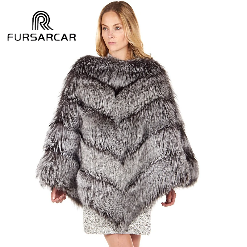 Женское пончо с мехом лисы FURSARCAR зимнее толстое из цельного лисьего меха