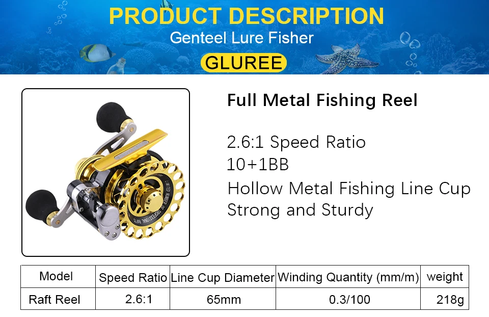GLUREE Full Metal Fishing Rafts Saltwater Fly Fishing Reel 10+1BB 2.61LeftRight Hand Optional Bait Casting Ice Fish Wheel (9)
