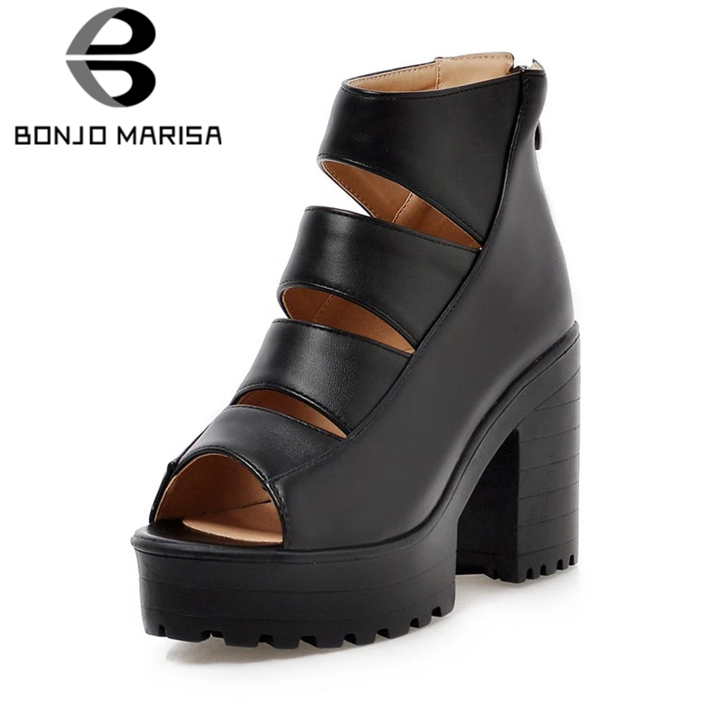 

BONJOMARISA 2019 Summer Sexy Hallow Comfortable Platform Sandals Women Steady High Wide Heels Shoes Woman Big Size 34-43