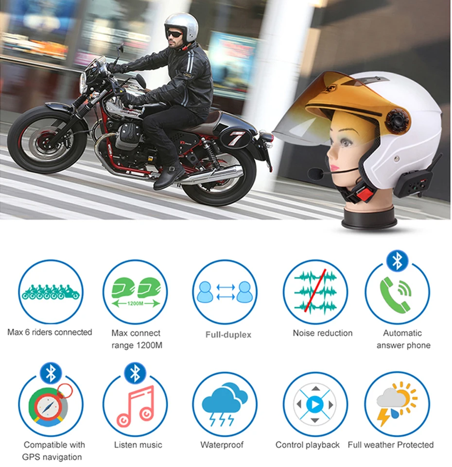 2 Piezas Fodsports V6 Plus Auriculares Intercomunicador Moto Gama Comunicaci/ón Intercom 1200m Intercomunicador Casco Moto con pantalla OLED Impermeabilidad hasta 6 Jinetes para Radio FM