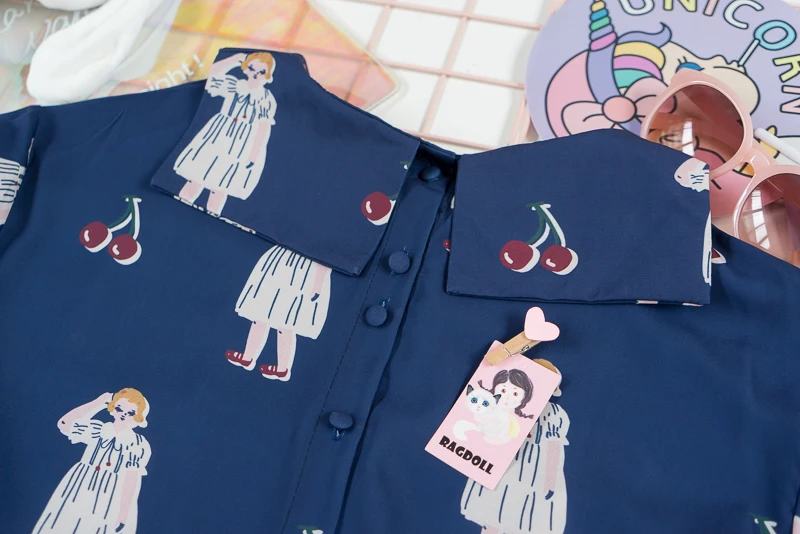 Новое платье Harajuku, милая вишня, Бабочка, дизайнерская женская летняя шифоновая рубашка с коротким рукавом, матроска, консервативный стиль, платье для девочек, синее