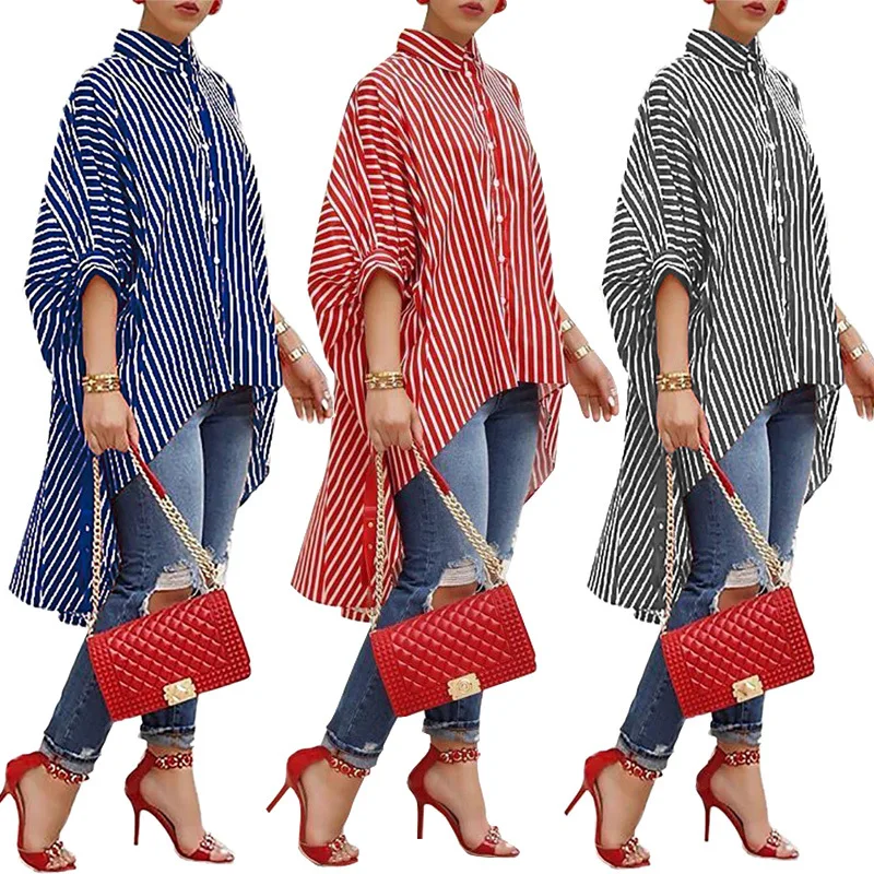 

Striped Chiffon Blouse Women Summer Tops Turn Down Collar Button up Shirts Half Sleeve Short Front Long Back Asymmetrical Shirt