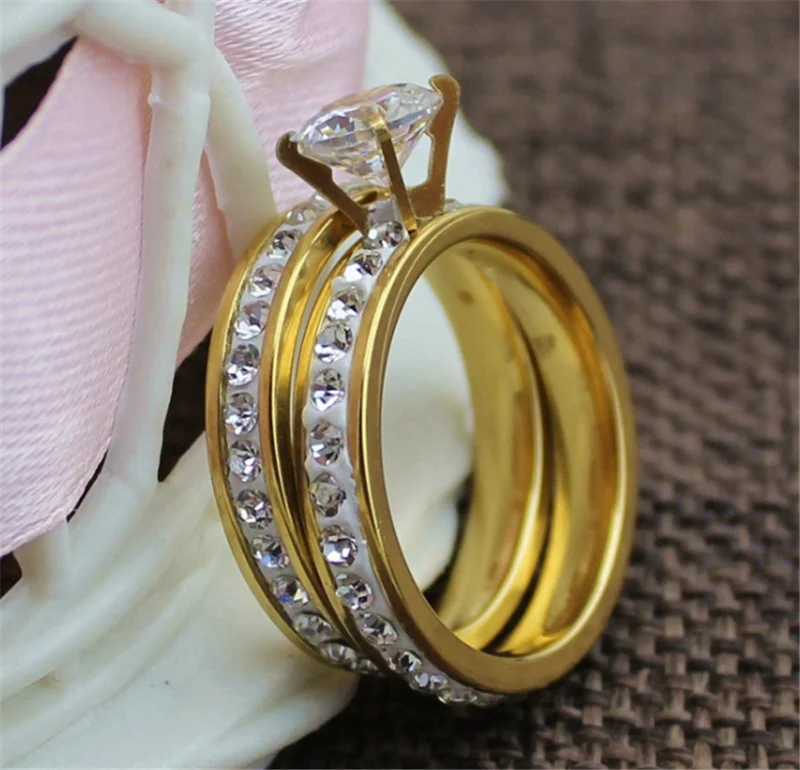 316 Titanium Steel Fashionable Couple Rings Stainless Steel Personality Clay Crystal Ring Wedding Rings Gold Color