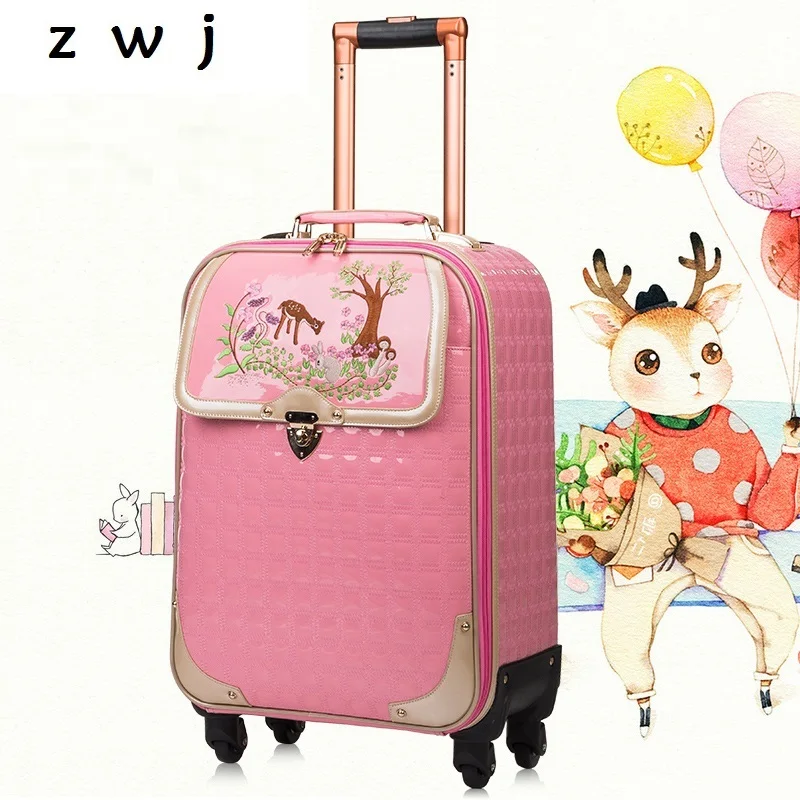 

Women PU leather luggage bag wheels trolley suitcases famous brand cartoon printed student style rolling luggage