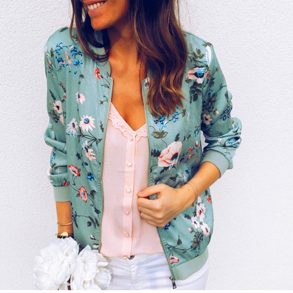 Fashion Floral Print Short Jacket Women Spring Summer Thin Long Sleeve Slim Bomber Jacket O-Neck Zipper Casual Plus Size Jacket