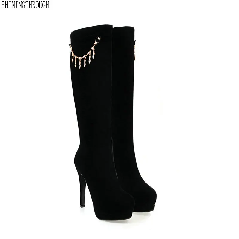 

2019 thin high heels Knee high Boots Winter Round Toe Warm Women Boots Lady platform Fashion Boots Big Size 34-43
