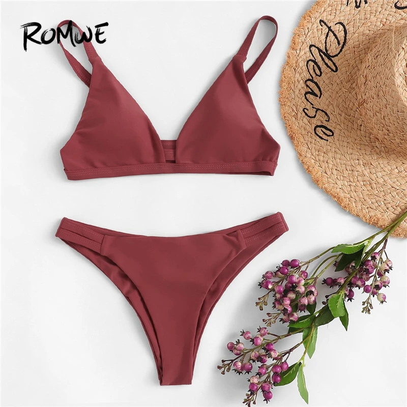 Romwe الرياضة قطع V الرقبة مثلث مجموعة البكيني مع Ruched بيكيني قيعان الصيف الشاطئ الصلبة لباس سباحة للنساء ملابس السباحة Romwe الرياضة قطع V الرقبة مثلث مجموعة البكيني مع Ruched بيكيني قيعان الصيف الشاطئ الصلبة لباس سباحة للنساء ملابس السباحة