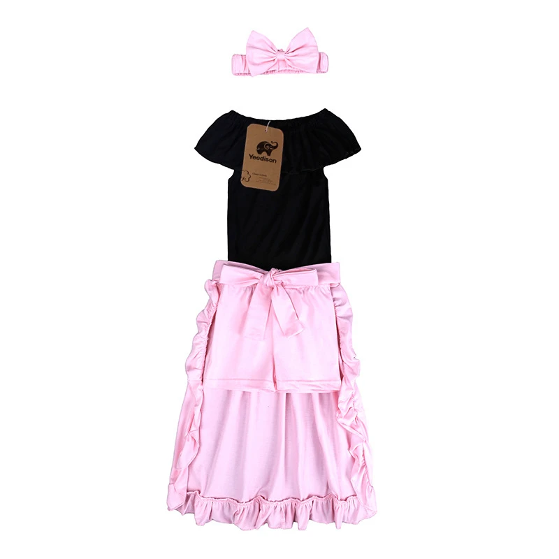 4Pcs Fashion Baby Girls Clothing Set Summer 2018 Kids Clothes Off Shoulder Tops Shorts Bow Skirt Hairband Suits Children Outfits (10)