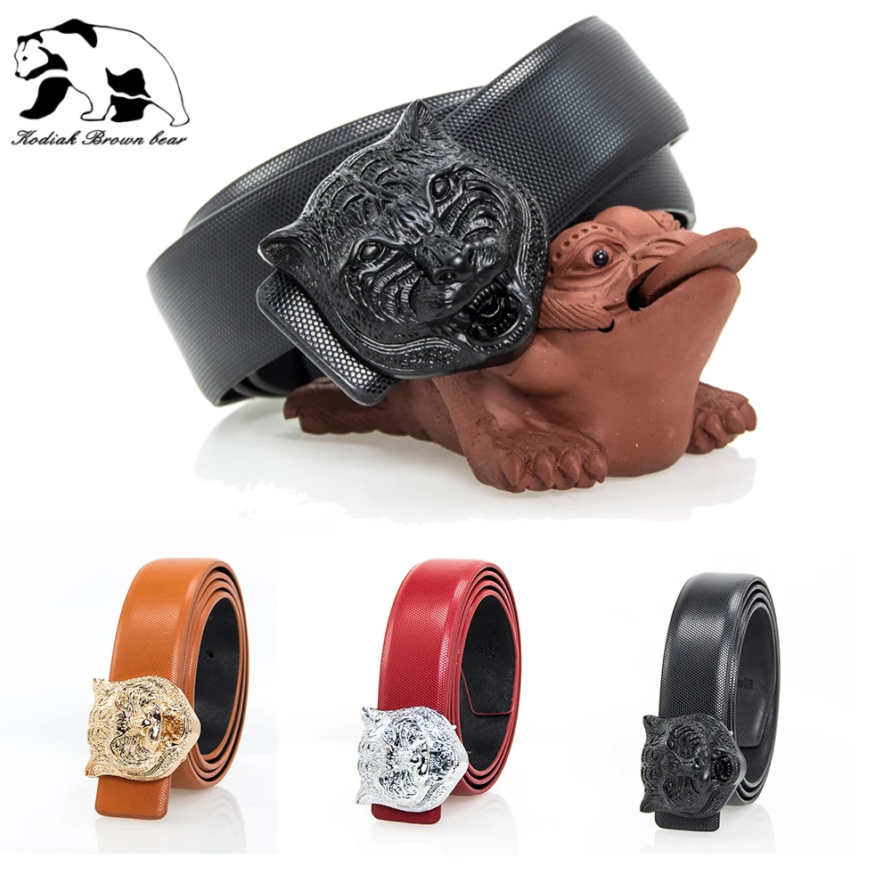 

[Kodiak Brown Bear] Unisex Cowhide Smooth Rivet Buckle Belt Fashion Men Jeans Genuine Leather Waistband For Woman Belts