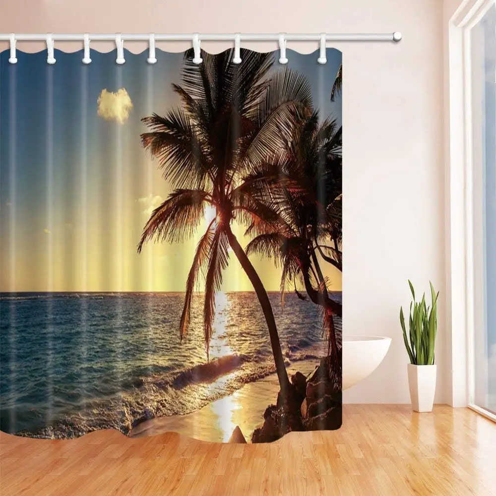 

3D Digital Printing Sunset Coconut Tree By The Tropical Seaside Shower Curtain, Cuddly Waterproof Fabric Bathroom Curtain