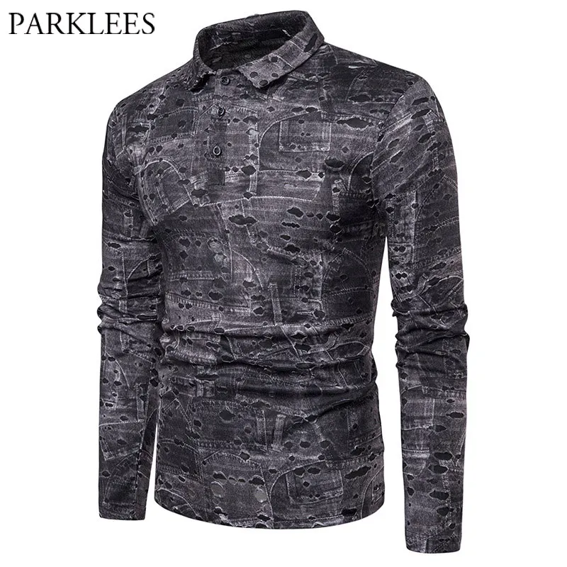 Mens Hipster Hole Polo Shirt Retro Print Long Sleeve Black Polos Shirts