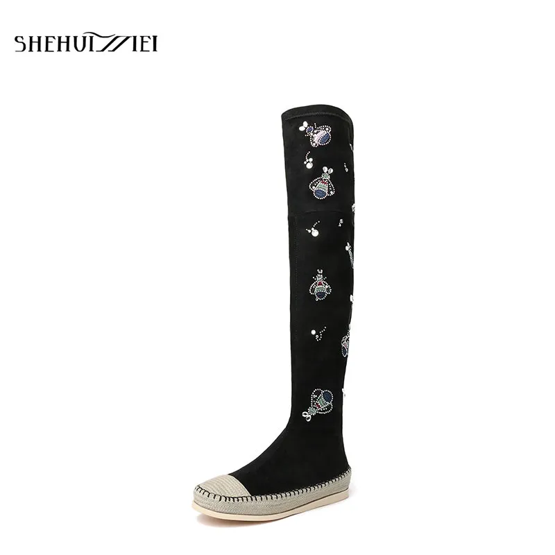 

SHEHUIMEI 2018 New Arrival Round Toe Flock High Boots Elegant Crystal Pearl Over The Knee Boots Keep Warm Butterfly Winter Shoes