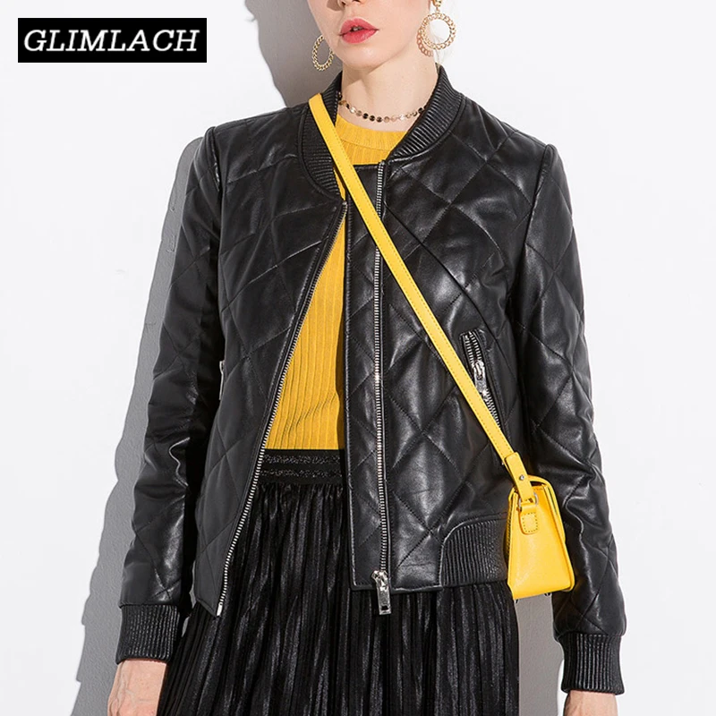 New Women Black Genuine Leather Jackets Korean Slim Natural Sheepskin Jackets Autumn Winter Thick Warm Real Leather Coats Female