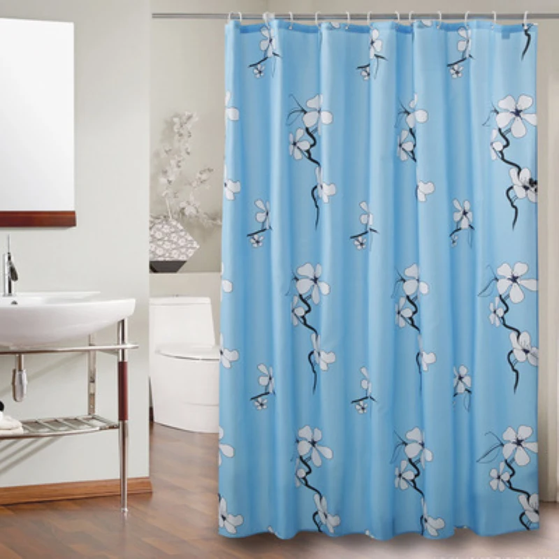 Blue Polyester Bathroom Shower Curtain Waterproof Floral Printed Bath