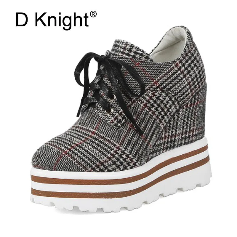 

New 2018 Women Platform Wedges Shoes Thick Bottom High Heels Creepers Lace-up Checkered Vamp Wedge Heel Shoes For Woman Pumps