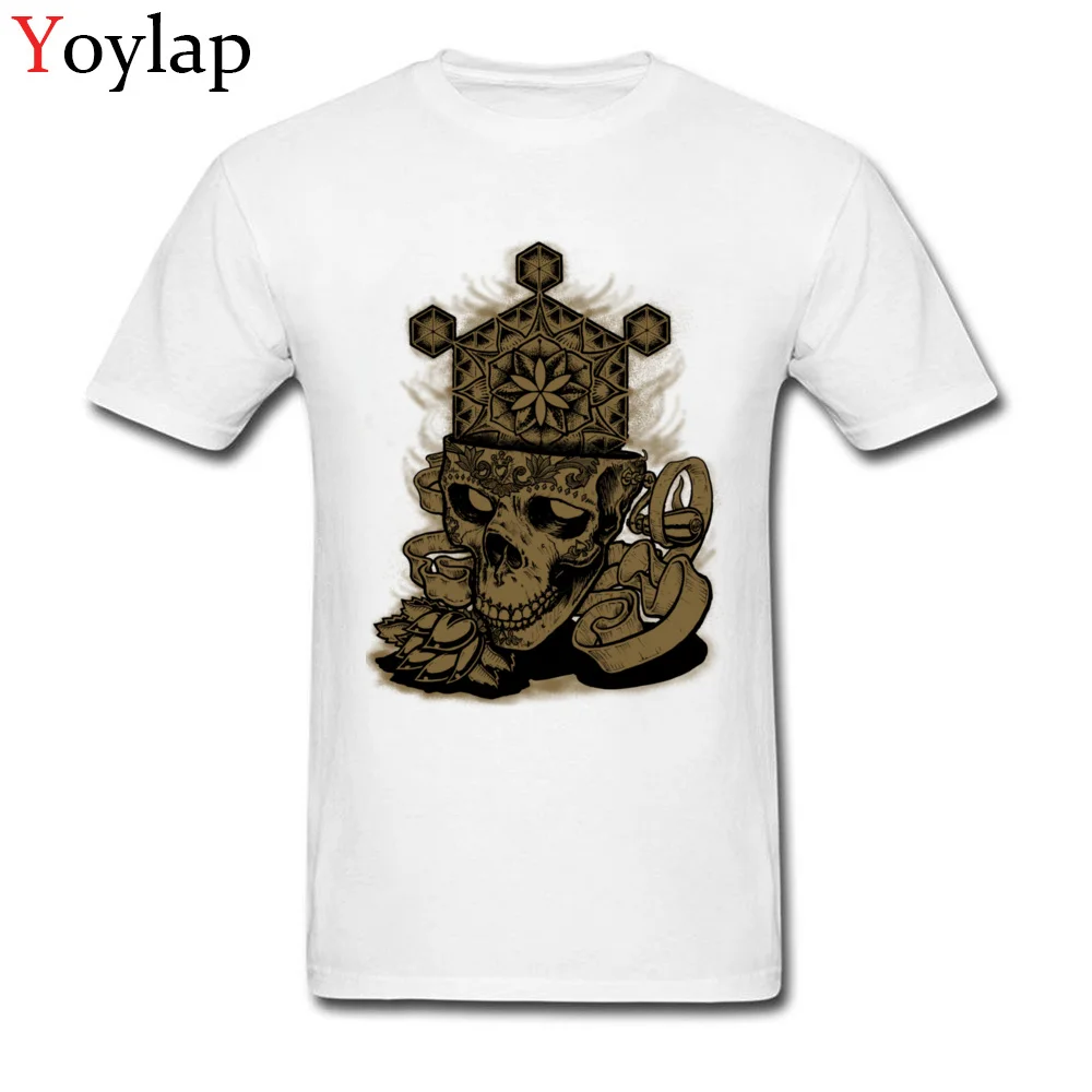 Round Neck All Cotton T Shirts for Men Family Summer Fall Tops Tees Short Sleeve Brand Flower of Life Skull Golden Printing Tee Shirt white