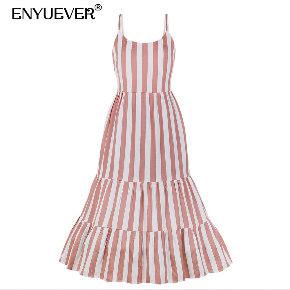 

Enyuever Vestido Casual Striped Dress Women Summer Beach Chic Bohemian Clothing Spaghetti Strap Robe Femme Boho Dress Sundresses