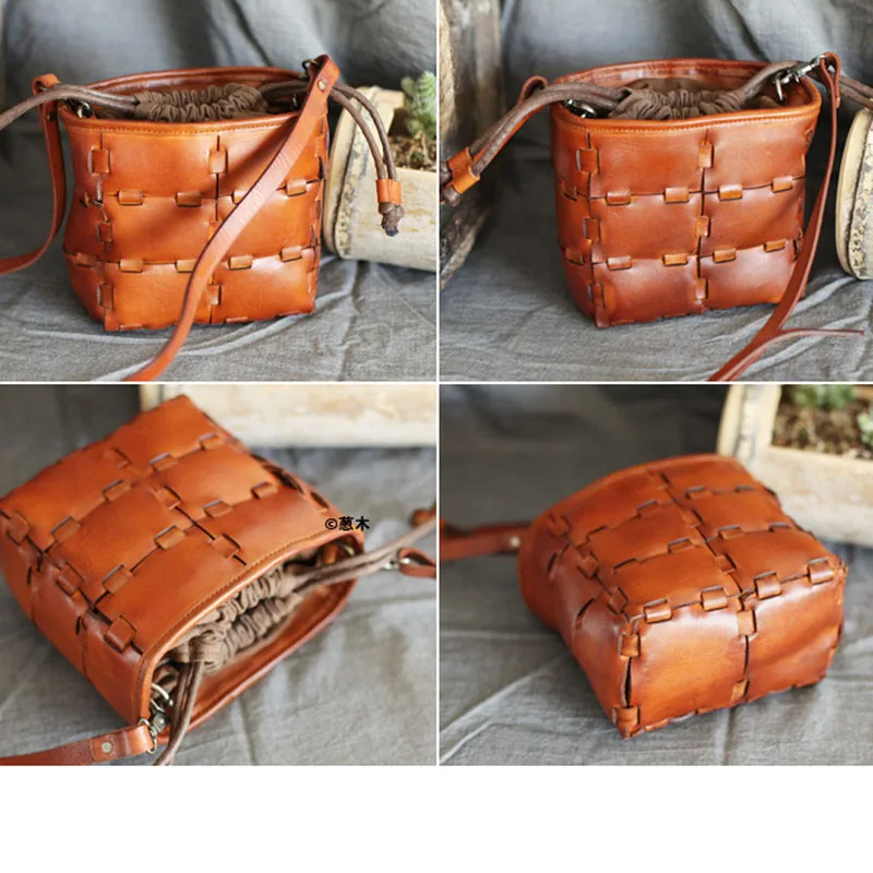 AETOO Vintage ethnic wind woven bag Sen small bucket bucket bag handmade leather wild women bag shoulder Messenger bag